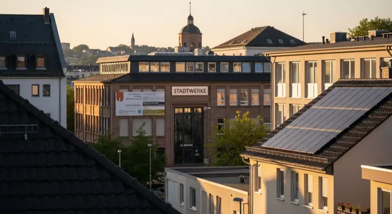 Blick auf das Stadtwerke-Gebäude in Mainz mit Service-Eingang, lokale Versorgeratmosphäre