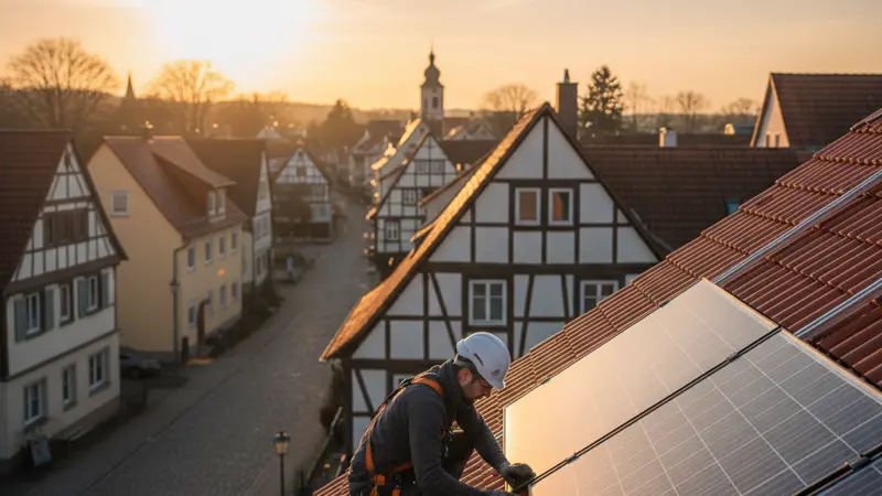 Solarinstallateur bei der Montage auf einem Mannheimer Dach