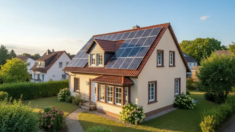 Einfamilienhaus mit Solaranlage auf dem Dach in Mannheim, Rhein-Neckar-Region bei Sonnenschein