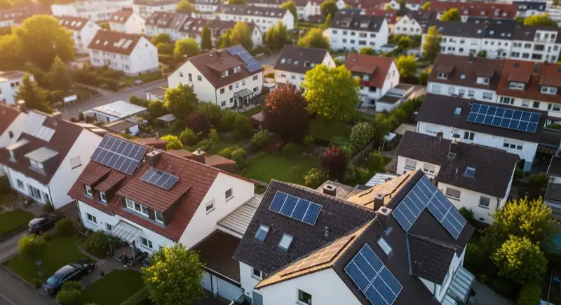 Aerial drone view of typical German residential neighborhood with mixed roof types, red and dark roof tiles, gardens visible, sunny day
