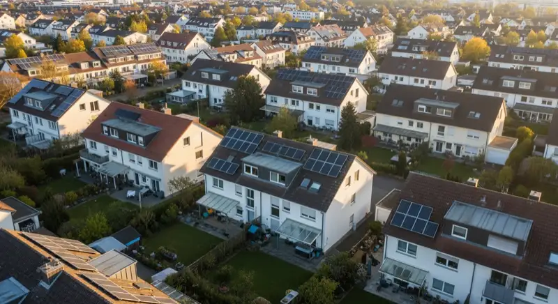Aerial drone view of typical German residential neighborhood with mixed roof types, red and dark roof tiles, gardens visible, sunny day