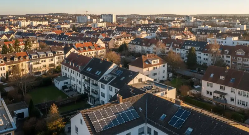 Aerial drone view of typical German residential neighborhood with mixed roof types, red and dark roof tiles, gardens visible, sunny day