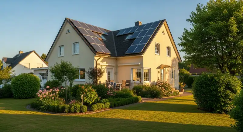 German detached house (Einfamilienhaus) with photovoltaic panels on pitched roof, well-maintained garden, warm afternoon sunlight