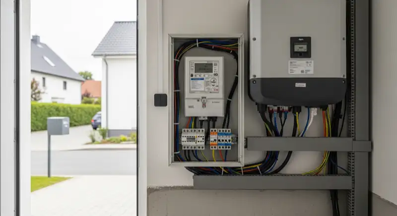 Modern German electrical meter cabinet (Zählerschrank) with smart meter and solar inverter connection, clean technical installation