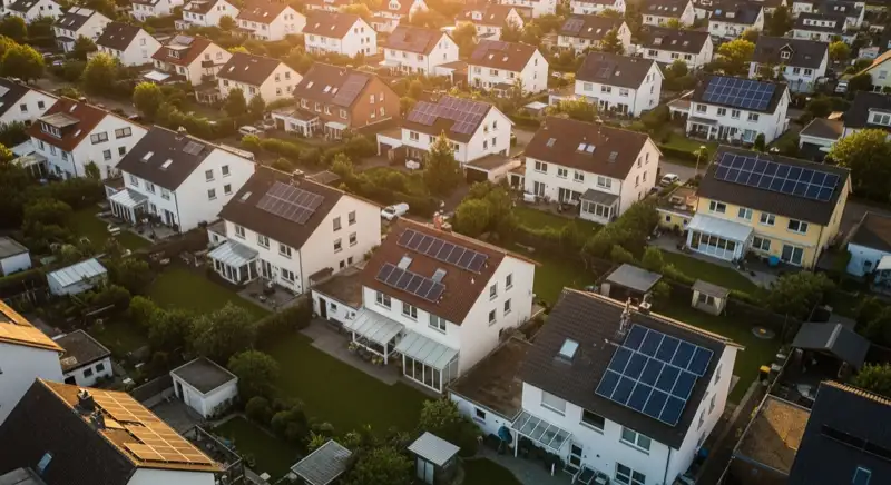 Aerial drone view of typical German residential neighborhood with mixed roof types, red and dark roof tiles, gardens visible, sunny day