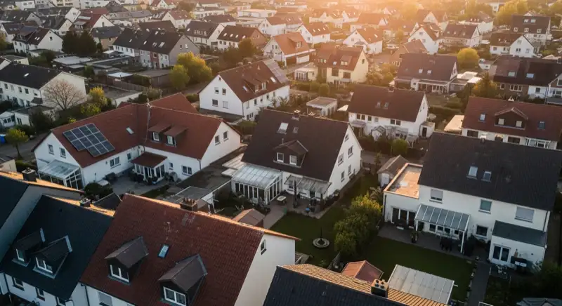 Aerial drone view of typical German residential neighborhood with mixed roof types, red and dark roof tiles, gardens visible, sunny day