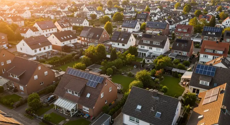 Aerial drone view of typical German residential neighborhood with mixed roof types, red and dark roof tiles, gardens visible, sunny day