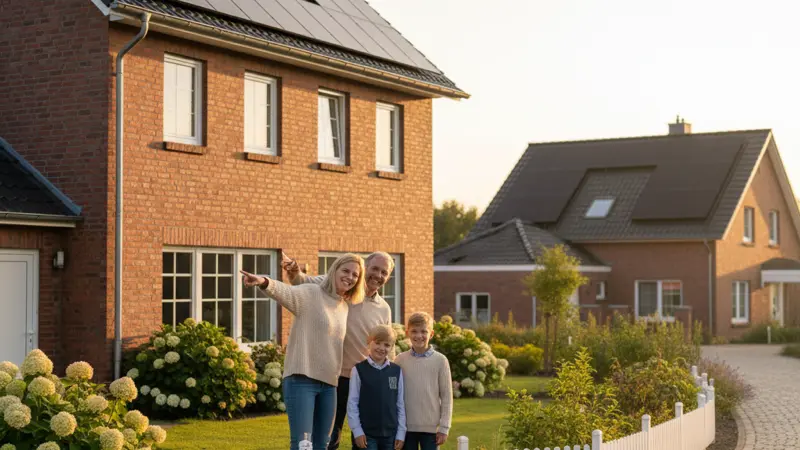 Familie vor ihrem Haus mit Solaranlage in Mönchengladbach