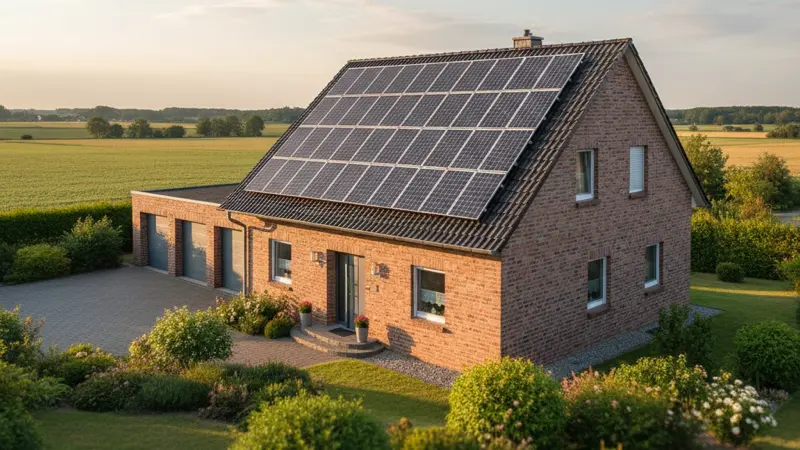 Einfamilienhaus mit Solaranlage auf dem Dach in Mönchengladbach, niederrheinische Architektur mit Klinker-Fassade und flacher Landschaft