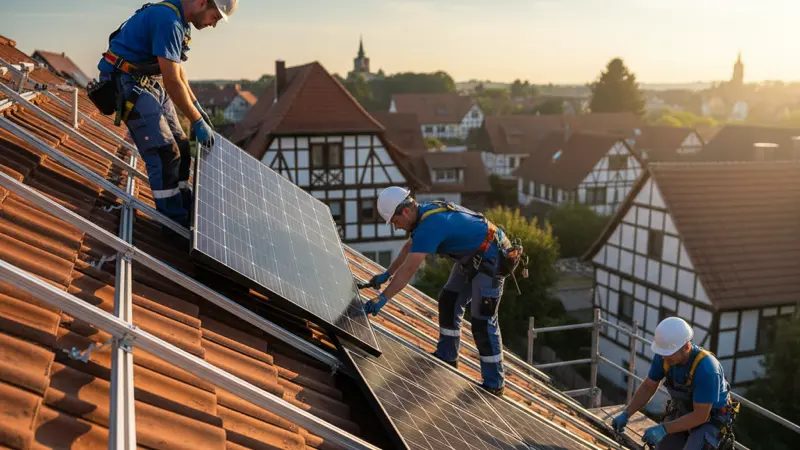 Solarinstallateur bei der Montage von Modulen auf einem Mönchengladbacher Hausdach