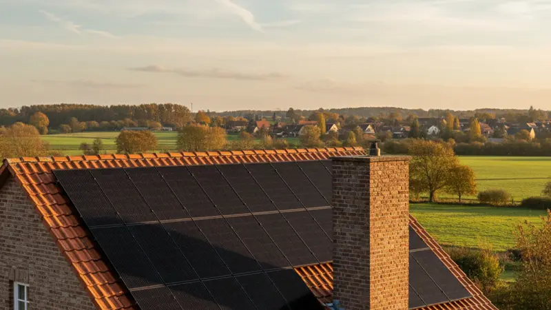 Solarmodule auf einem Ziegeldach am Niederrhein, Nahaufnahme mit Klinker-Schornstein