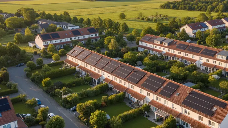 Reihenhaussiedlung am Niederrhein mit mehreren Solardächern, Luftaufnahme