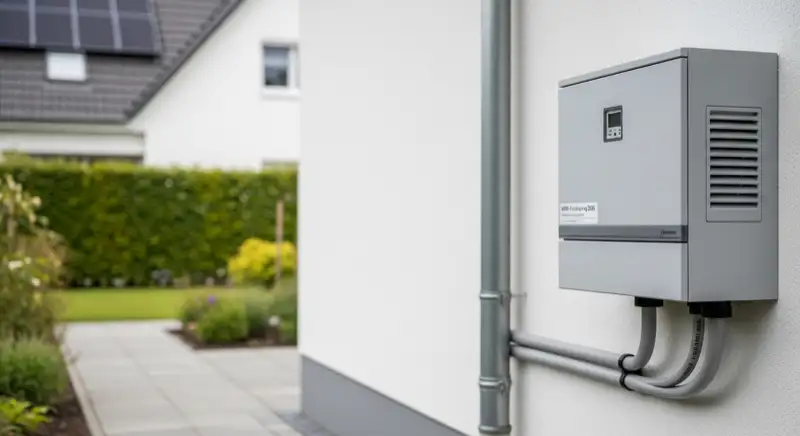 Modern German electrical meter cabinet (Zählerschrank) with smart meter and solar inverter connection, clean technical installation