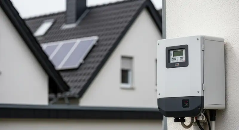 Modern German electrical meter cabinet (Zählerschrank) with smart meter and solar inverter connection, clean technical installation