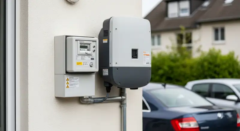 Modern German electrical meter cabinet (Zählerschrank) with smart meter and solar inverter connection, clean technical installation