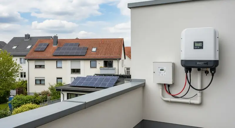Modern German electrical meter cabinet (Zählerschrank) with smart meter and solar inverter connection, clean technical installation
