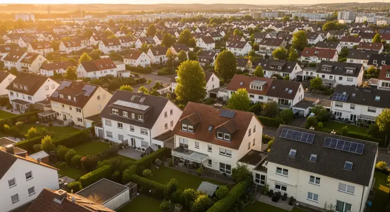 Aerial drone view of typical German residential neighborhood with mixed roof types, red and dark roof tiles, gardens visible, sunny day