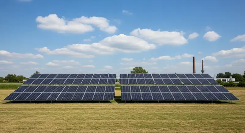 Aerial drone view of typical German residential neighborhood with mixed roof types, red and dark roof tiles, gardens visible, sunny day