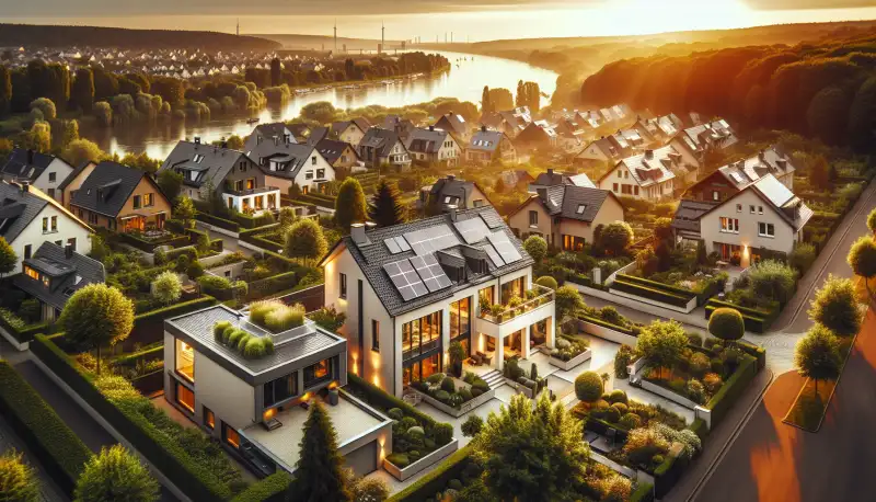 Villen und Einfamilienhäuser in Mülheim an der Ruhr mit Solaranlagen auf den Dächern, grüne Gärten und die Ruhr im Hintergrund