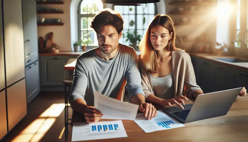 Paar am Küchentisch mit Solarberatungsunterlagen und Laptop in Mülheim an der Ruhr