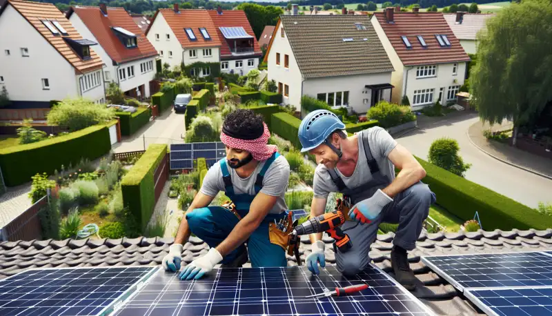 Solarinstallateure bei der Montage auf einem Einfamilienhaus in Mülheim an der Ruhr