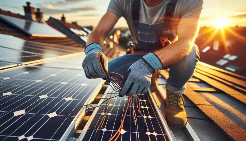 Nahaufnahme von Solarmodulen bei der Installation auf einem Einfamilienhaus in Mülheim an der Ruhr