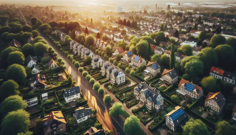 Luftaufnahme von Mülheim Saarn mit Villen, Solaranlagen auf den Dächern und grünen Gärten