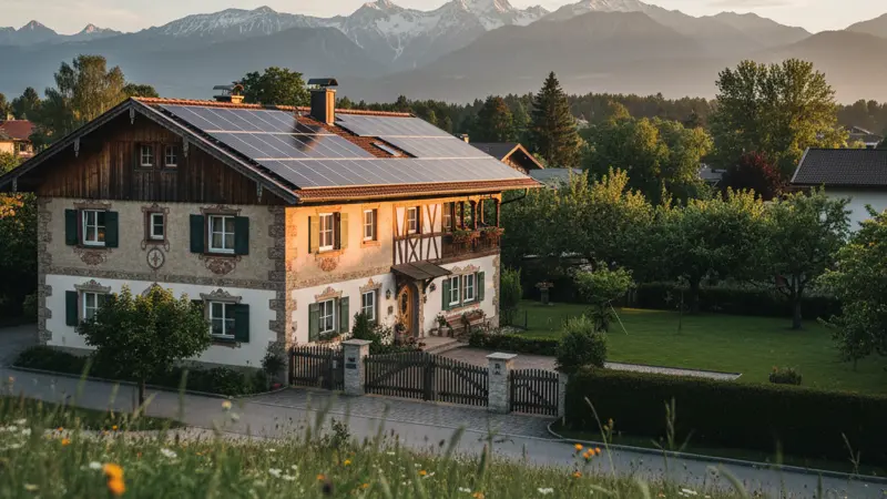 Einfamilienhaus mit Solaranlage auf dem Dach in München mit Alpen im Hintergrund