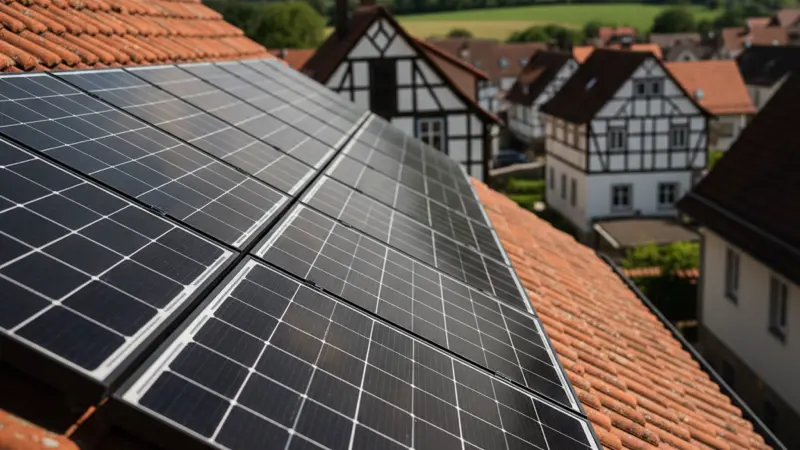 Schwarze Solarmodule auf einem roten Ziegeldach in München