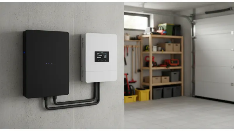 Batteriespeicher neben Solarwechselrichter in einer Münchner Garage