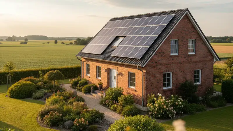 Einfamilienhaus mit Solaranlage in Münster, westfälische Architektur mit Giebeldach und Backsteinwand
