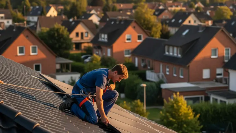 Solartechniker bei der Montage auf einem Münsteraner Dach