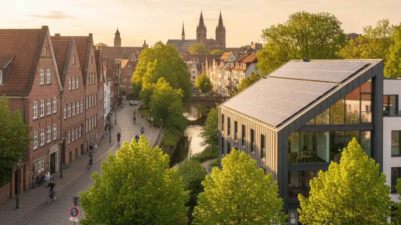 Münsteraner Stadtansicht mit Fahrrädern und Solaranlage auf einem Wohnhaus