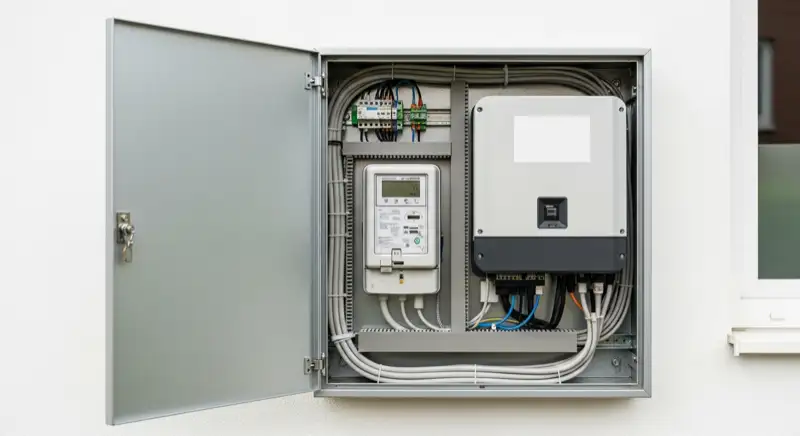 Modern German electrical meter cabinet (Zählerschrank) with smart meter and solar inverter connection, clean technical installation