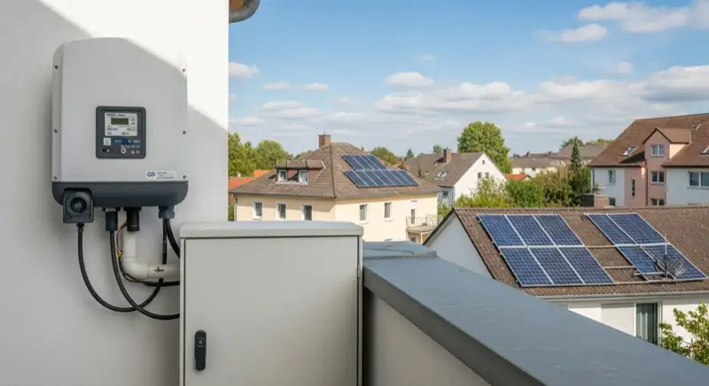 Modern German electrical meter cabinet (Zählerschrank) with smart meter and solar inverter connection, clean technical installation