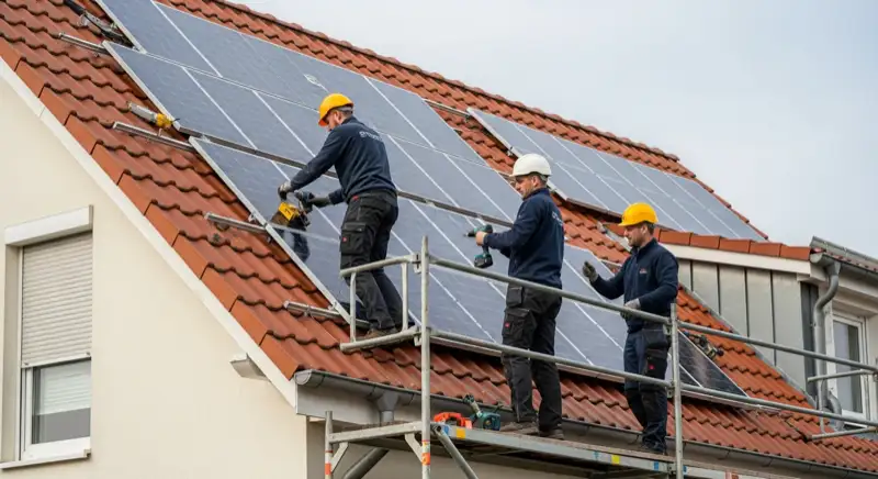 Familie vor Neubrandenburger Eigenheim mit Solaranlage auf dem Dach