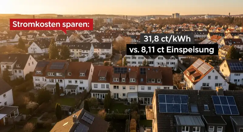 Aerial drone view of typical German residential neighborhood with mixed roof types, red and dark roof tiles, gardens visible, sunny day