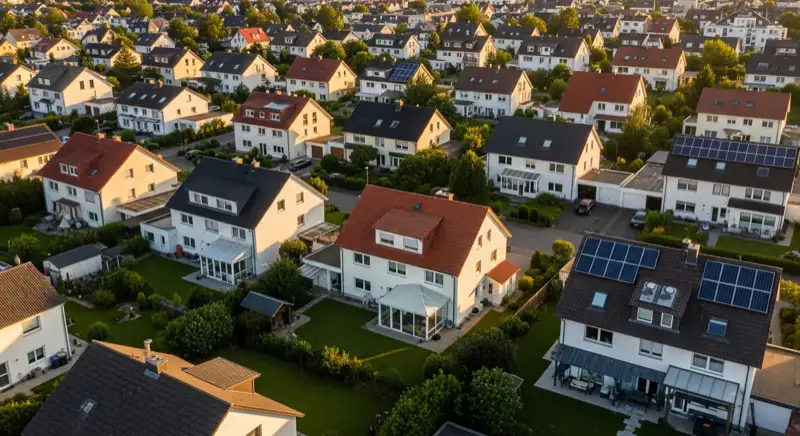 Aerial drone view of typical German residential neighborhood with mixed roof types, red and dark roof tiles, gardens visible, sunny day