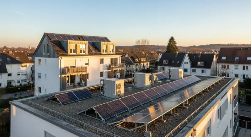 Bergarbeitersiedlung Kohlhof mit modernen Solaranlagen auf typischen Satteldächern