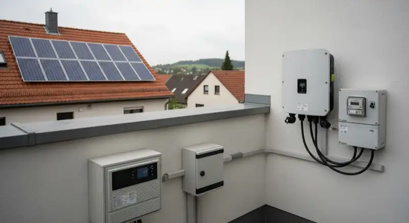Modern German electrical meter cabinet (Zählerschrank) with smart meter and solar inverter connection, clean technical installation