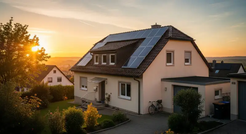 Familie vor Neustadter Eigenheim mit Solaranlage auf dem Dach