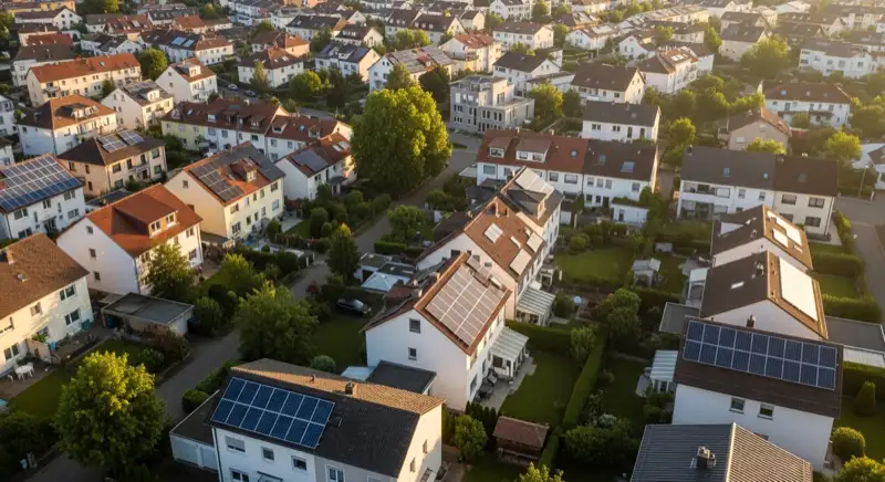 Aerial drone view of typical German residential neighborhood with mixed roof types, red and dark roof tiles, gardens visible, sunny day
