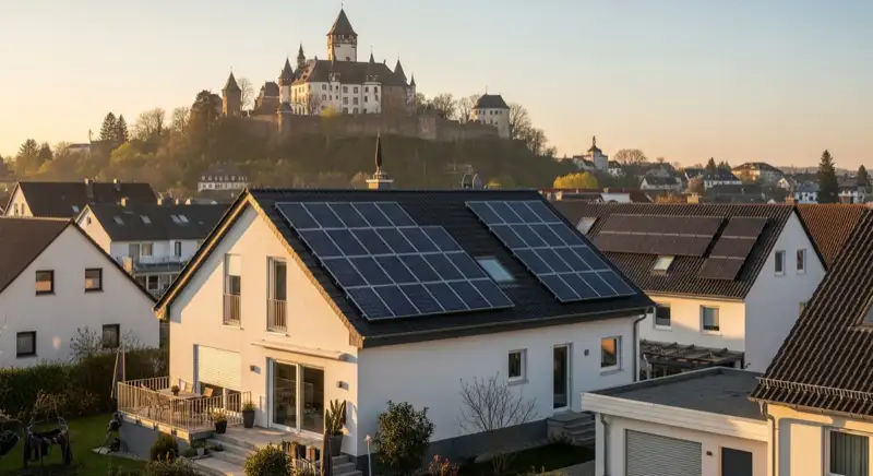 Modernes Einfamilienhaus mit Solaranlage auf dem Dach in Hambach, im Hintergrund das historische Hambacher Schloss