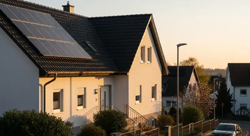 Einfamilienhaus mit Solaranlage in Neuwied, rheinische Backstein-Architektur, Rhein im Hintergrund