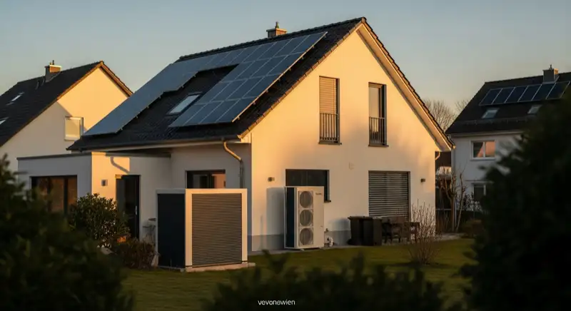 Einfamilienhaus in Neuwied mit PV-Anlage auf dem Dach und Wärmepumpen-Außeneinheit im Garten