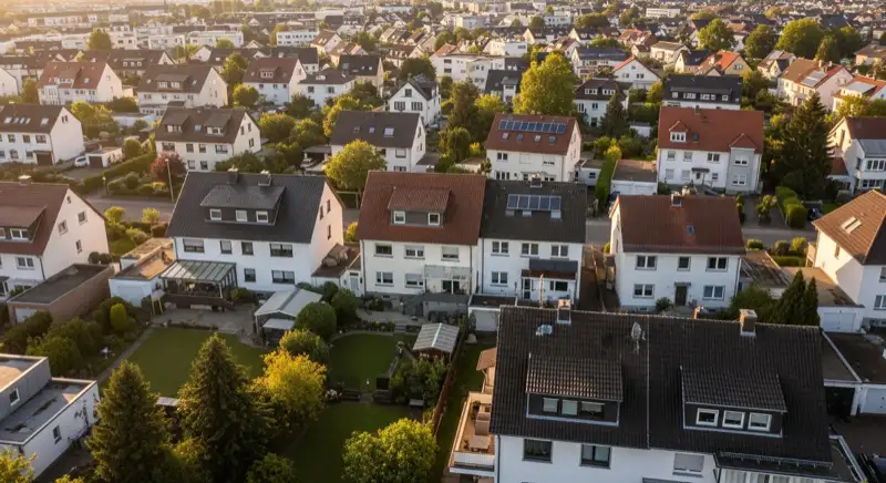 Aerial drone view of typical German residential neighborhood with mixed roof types, red and dark roof tiles, gardens visible, sunny day