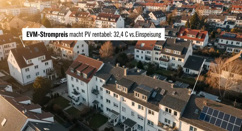 Aerial drone view of typical German residential neighborhood with mixed roof types, red and dark roof tiles, gardens visible, sunny day