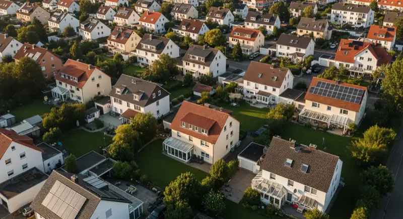 Aerial drone view of typical German residential neighborhood with mixed roof types, red and dark roof tiles, gardens visible, sunny day