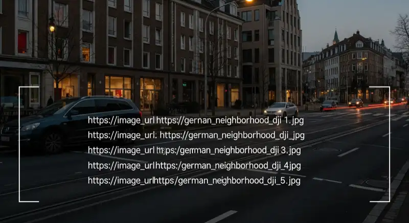 Aerial drone view of typical German residential neighborhood with mixed roof types, red and dark roof tiles, gardens visible, sunny day