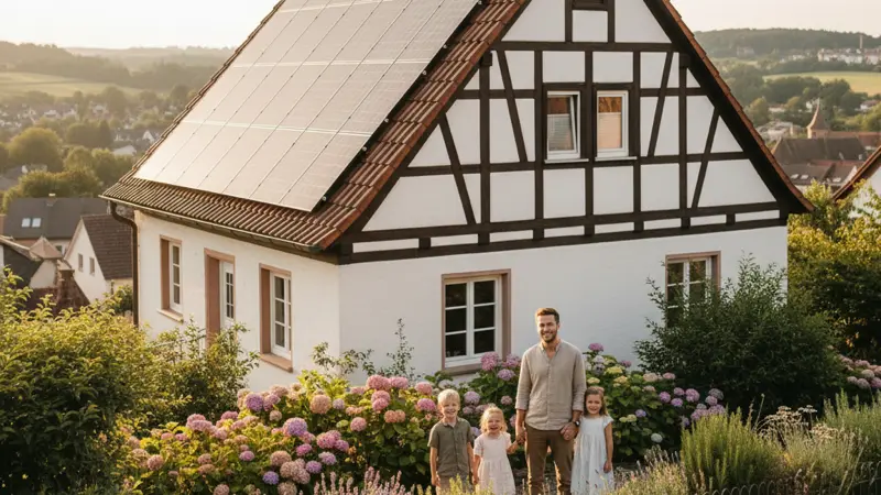 Familie vor ihrem Eigenheim mit Solaranlage in Nürnberg